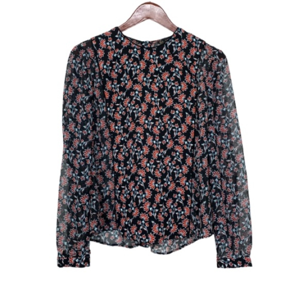 Zara Dark Floral Sheer Long Sleeve Blouse High Crewneck Button Down Back